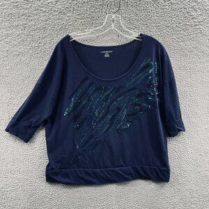 Lane Bryant Womens Top 18/20 Navy Blue Sequin Embellished Scoop Neck 3/4 Sleeve‎